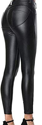 Uni-Wert Pantalon en cuir pour femme, legging skinny stretch, taille haute, pantalon en similicuir, noir