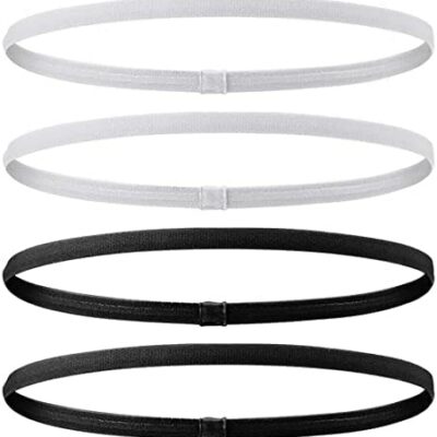 SIOPPKIK Lot de 4 bandeaux de sport, élastiques antidérapants pour le jogging, le football, le yoga, les femmes et les hommes (2 x noir, 2 x blanc)