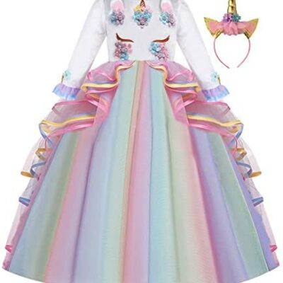 MYRISAM Princesse Filles Licorne Costume Manches Longues Anniversaire Robe Cérémonie Fête Halloween Carnaval Fête De Noël Spectacle Mariage Longue Tulle Robe De Bal avec Bandeau