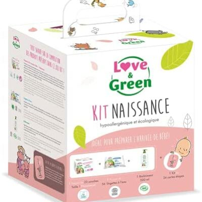 Coffret Naissance Love & Green (1 Pack de T1 + 1 Pack de Lingettes + 1 Bio Liniment + 1 Lot de 24 Step Cards)