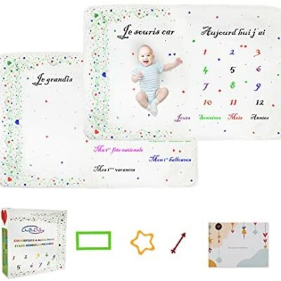 ChaBaDoSee® Couverture Bébé Jalons Mensuels Français, Double Face + Album Photo - Couverture Bébé Jalons - Cadeau de Naissance Personnalisé - Kit Complet