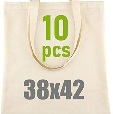 D.RECT ​​- Lot de 10 sacs à long manche en coton naturel|38x42cm, 100% coton|Sacs à provisions|Sacs en jute|Totes réutilisables