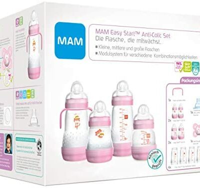 MAM Easy Start Ensemble de biberons anti-coliques, premier équipement de croissance de bébé, avec tétine, biberon, poignée, cadeau bébé, dès la naissance, motif tigre