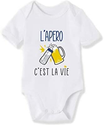 HEXAGON Humour Body bébé à manches courtes en coton bio | SHOPBOP Body bébé unisexe filles garçons | Idées cadeaux d'anniversaire originales, idées originales de Noël, grossesse, baby shower | Motif : L'apéro c'est la vie