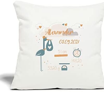 Spreadshirt® Cadeau de Naissance Personnalisé Cigogne avec Nom et Date de Naissance Housse Coussin Décoratif 45 x 45 cm, Blanc Naturel