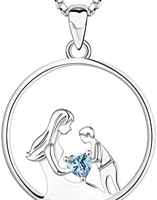 YL 925 Sterling Silver Mère et Enfant Collier 12 Pierres de Naissance Cubic Zirconia Pendentif Collier pour la Femme de Maman, 45-48cm