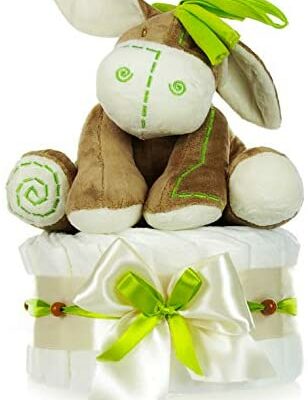 gâteau de couches dubistda® neutre |  Peluche bébé âne vert 35cm |  Cadeau de naissance fille/garçon |  21 pièces + carte de voeux (beige/crème/pomme)