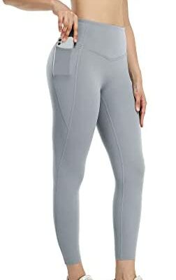 icyzone Pantalon de yoga pour femme - Leggings d'entraînement taille haute avec poches, collants de sport, gris, taille M