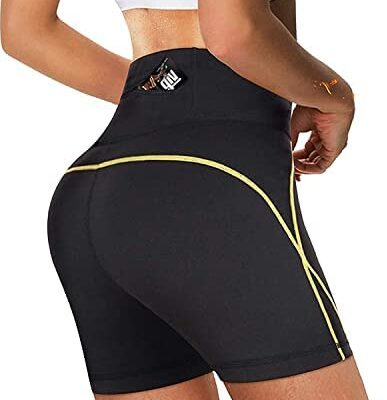 KUMAYES Short de sport pour femme Coupe ajustée Short Sauna Leggings Ceinture haute Poche Sauna Pantalon