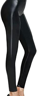 Pelisy Legging sexy en cuir stretch pour femme Noir Brillant Faux PU Pantalon