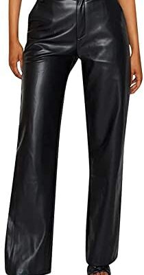 SKYWPOJU pantalon en cuir femme taille haute pantalon mode Faux cuir jambe large Punk cuir pantalon boutonné legging droit