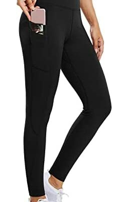 BALEAF Leggings de sport pour femme Taille haute Pantalon de sport avec poches Leggings imperméables doublés en polaire pour Yoga Fitness Gym Pilates