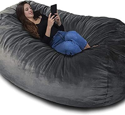 Énorme coussin avec revêtement en velours super doux gris platine !Le plus gros haricot du monde - 1500 litres de mousse à mémoire de forme - convient aux enfants et aux adultes comme canapé ou lit