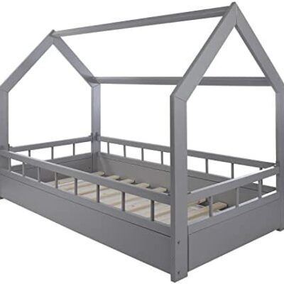 Velinda Lit Cabane 2 en 1 avec Barres, Chambre d'Enfant, Bois Naturel 160x80 cm (Couleur: Gris)