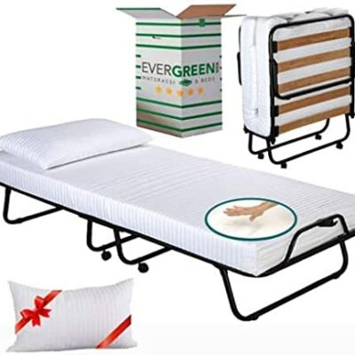 Evergreenweb - Lit d'appoint simple avec matelas en mousse à mémoire de forme blanche 90x200 avec oreiller à mémoire de forme offert, sommier à lattes en bois confortable et roulettes, orthopédique, pour les invités