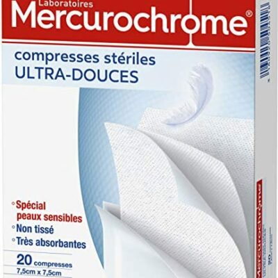 MERCUROCHROME - Compression Stérile Ultra Douce, Non Tissé, Pour Peaux Sensibles, Super Absorbant, Blanc, 7,5 x 7,5 cm, Boite de 20