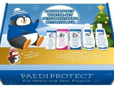 PAEDIPROTECT Coffret Hiver de 6 Produits de Puériculture pour Bébé et Enfant avec 1x Crème Hydratante Visage, 1x Crème Mains, 1x Soin Visage, 1x Huile Soin, 1x Soin Bain, Huile d'Amande Douce