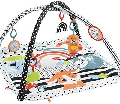 Fisher-Price My Sensory Mat 3 en 1, tapis de jeu actif et couché, son et lumière, avec 5 jouets détachables, dès la naissance, HBP41