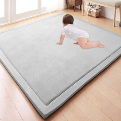 GGoty Grand tapis de jeu pour bébé en molleton de corail, épaissi, tapis de jeu pour enfants, tapis rampant pour bébé, tapis de yoga antidérapant (150 x 150 x 2 cm, gris)