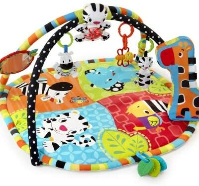 Tapis d'activité Bright Starts, Safari Spots & Stripes avec arche de jeu, lumières, mélodie, miroir et jouets pour bébé