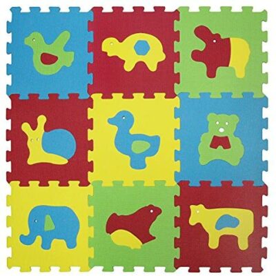 LUDI - Tapis d'activités pour bébé - Puzzle géant, motif animal, 9 briques en mousse, 18 éléments de jeu - Développement de la motricité et de la vision - Dès 10 mois