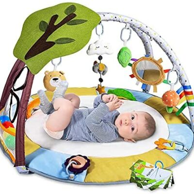 Lupette Tapis d'activité pour bébé, 9 jouets d'activité, tapis de jeu pour bébé avec ballon, 2 jouets de dentition pour tout-petits, extra épais, antidérapant, 83 x 83 x 50 cm, nouveau-né+