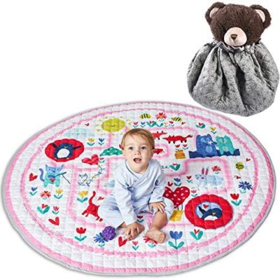 Winthome Tapis de jeu pour bébé – Tapis de sport en coton antidérapant Organisateur de jouets – Tapis rampant lavable de 59 po (Mise à niveau – Maison, Monde marin) (Forêt de roses)