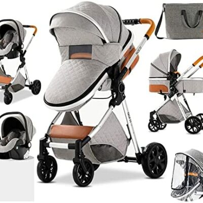 Poussette de ville 3 en 1 Poussette combinée Poussette Canne de marche Poussette Système de voyage pour bébé Poussette haute vue Poussette standard inclinable (225 gris clair)