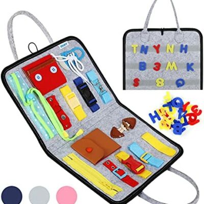 Esjay Busy Board pour enfants, jeux Montessori pour l'apprentissage de la motricité fine, tableau sensoriel éducatif avec boucles, jouet pour bébé de voyage en avion (gris)