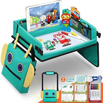 Plateau de voyage pour voiture jouet pour enfants, sac à dos robot, plateau de voiture pour enfants, voyage détachable multifonctionnel extérieur intérieur, 5 papiers à dessin éducatifs + 6 stylos de couleur