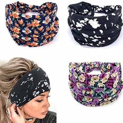 Yean Lot de 3 bandeaux de yoga larges avec fleurs Bandeaux élastiques noirs pour filles filles