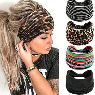 KAVYA Bandeau 4 pièces pour femme Large bandeau élastique Boho Bandeau imprimé léopard Yoga Sports Bandeau Multicolore Bandeau pour femme (A)