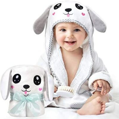 Kaome Serviette de Bain à Capuche en Bambou Bio, Oreilles Mignonnes, Doux, Super Absorbant, Lavable en Machine 0-5 Ans Blanc