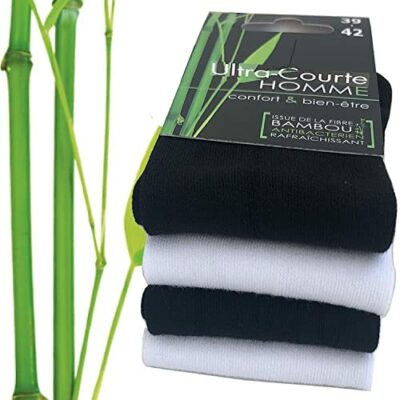 BAMBOU Chaussettes Homme Ultra Courtes Noir/Blanc - Lot de 4 - Toucher Doux