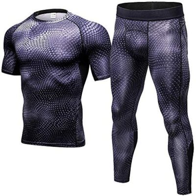 Shengwan 2 pièces pour homme à séchage rapide, t-shirt de compression + leggings de sport collants de course pour jogging, entraînement, fitness, vêtements de sport