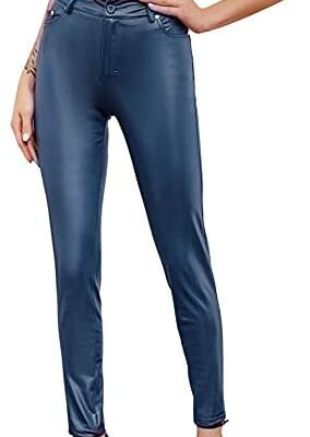 PDYLZWZY Leggings en Cuir PU Stretch pour Femme Taille Haute Sexy Leggings Noirs avec Poches Bleu Foncé XL