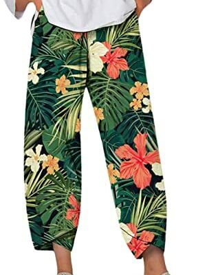 WWricotta Pantalon fluide d'été pour femme - Pantalon large à imprimé floral Couleur unie Pantalon décontracté Pantalon de plage 7/8 Pantalon en lin Pantalon de yoga de vacances