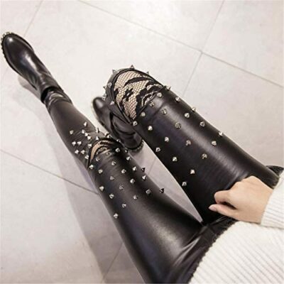 Leggings en similicuir pour femme, leggings sexy taille haute pour filles, clous en dentelle en similicuir PU