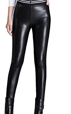 Leggings épaississants en similicuir pour femmes Leggings élastiques taille haute froncés chauds pour l'hiver