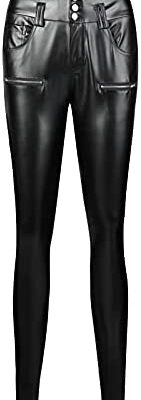 Loalirando Leggings taille haute pour femme couleur unie simili cuir pantalon fermeture bouton Sexy tous les jours