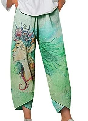 WWricotta Pantalon taille haute pour femme - Pantalon large décontracté élégant classique pantalon de plage ample 7/8 pantalon en lin pour adolescents et filles