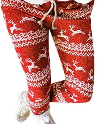 Tomwell Leggings imprimés de Noël pour femmes Leggings doublés en polaire thermique Pantalons décontractés Stretch Skinny Sports Yoga Leggings