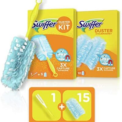 Kit de dépoussiéreur Swiffer, 1 dépoussiéreur + 15 recharges, dépoussiéreur dépoussiéreur, dépoussiéreur et retient la poussière