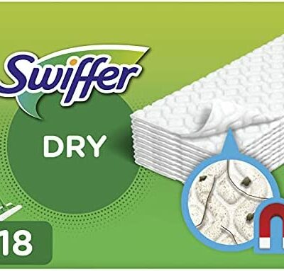 Recharge de lingettes sèches Swiffer, 18 lingettes nettoyantes, parfumées Febreze pour les vadrouilles Swiffer, capture et retient la poussière