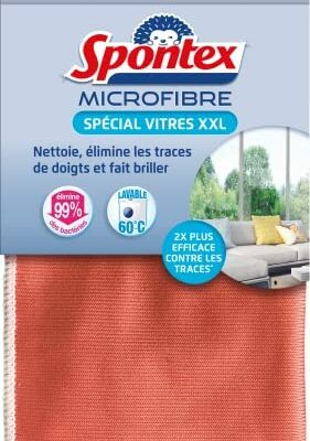 SPONTEX - Microfibre Spécial Fenêtre XXL - Nettoie et Supprime les Empreintes Digitales - Brille - 2x Supprime les Empreintes Digitales Plus Efficacement