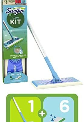 Swiffer Wet Kit, vadrouille + 6 lingettes nettoyantes pour sols humides, antibactérien, dissout, absorbe et capture la saleté, tête pivotante à 360°