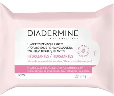 Diadermine - Lingettes Nettoyantes Hydratantes - Nettoyant Visage - Peaux Sèches & Sensibles - Haute Tolérance - Lot de 25 Fibres Naturelles