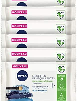 NIVEA Lingettes nettoyantes rafraîchissantes pour peau normale 100 % fibres végétales (6 x 20 unités), démaquillant pour le visage, les yeux et les lèvres, lingettes nettoyantes Lotus sacré - 120 unités