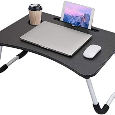 Table de chevet pour ordinateur portable Lapdesk Table de lit pliante avec fente pour iPad Surport Ordinateur pliable Petit déjeuner Lecture Regarder des films (Noir avec porte-gobelet)