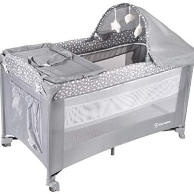 Moby-System Berceau 2 en 1 parc et lit de voyage pliable | 2 cotes de matelas haut 0-6 mois (15 kg), bas 6-36 mois (25 kg) | sac de transport pour berceau de voyage parc | conforme CE | gris